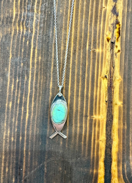 Ichthys “Jesus Fish” Blackjack Turquoise Necklace